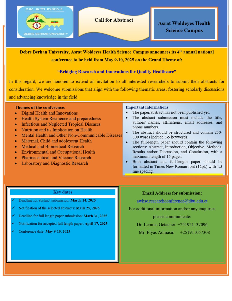 Call for Paper Image - Debre Berhan University, Asrat Woldeyes Health Science Campus announces its 4 th annual national conference to be held from May 9-10, 2025 on the Grand Theme of:
