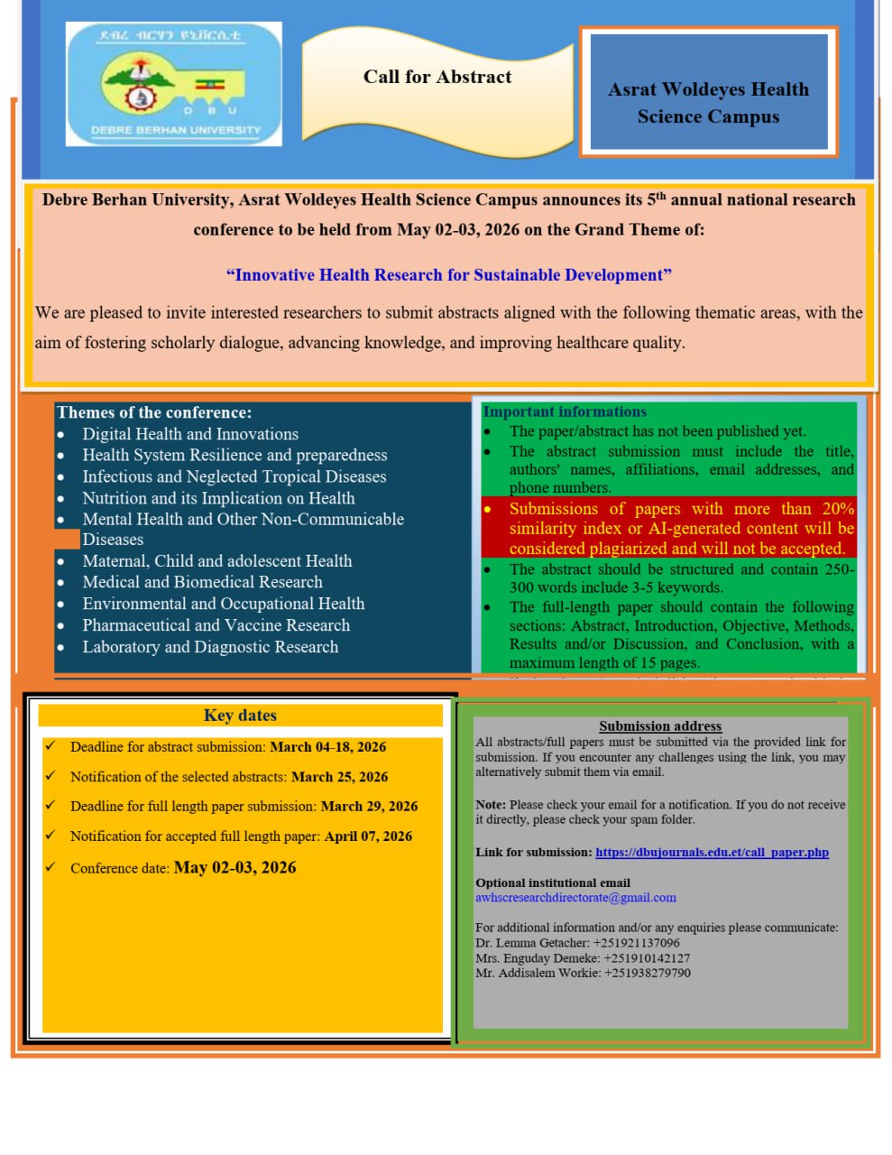 Call for Paper Image - Debre Berhan University, Asrat Woldeyes Health Science Campus announces its 5th annual national research conference to be held from May 02-03, 2026 on the grand theme of:
 "Innovative Health Research for Sustainable Development"